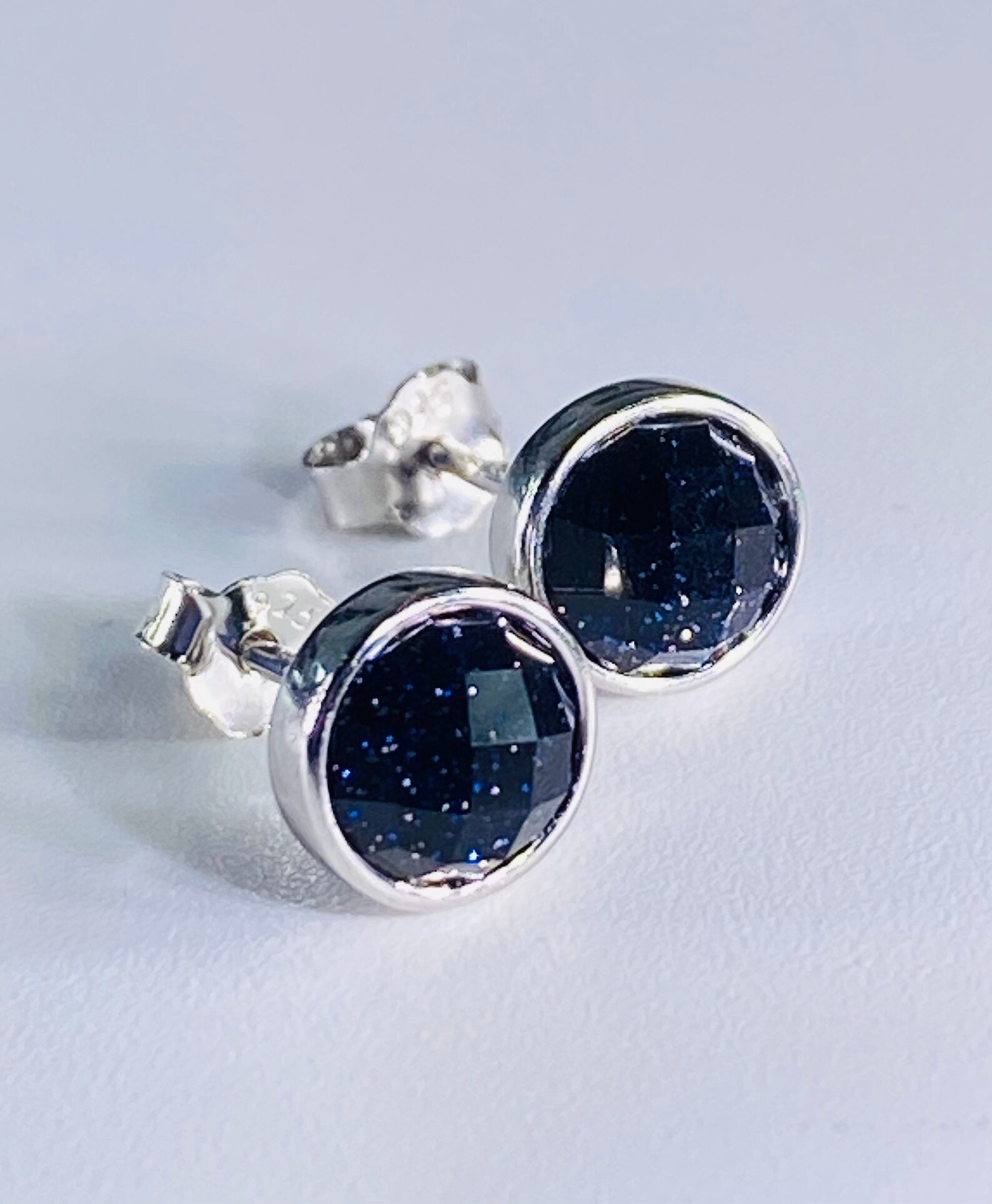 Faceted Navy Blue Goldstone and Silver Studs Etsy UK
