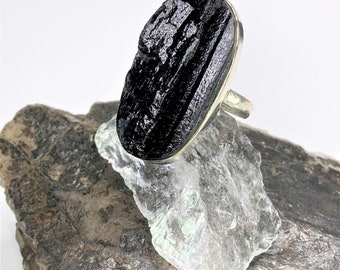 A Natural Black Tourmaline and Silver Ring.