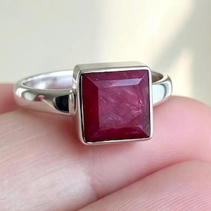 Raw Ruby Ring, Square Faceted Ruby, 925 Sterling Silver Ring, Deep Red Gemstone, UK R US 8 3/4, July Birthstone
