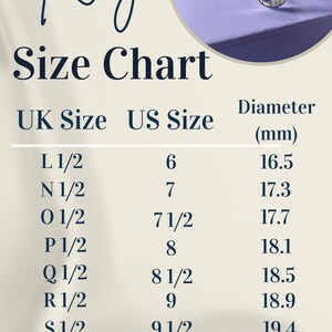 May include: A ring size chart featuring a teardrop-shaped ring with a purple and white stone. The chart lists UK sizes from L 1/2 to T 1/2, US sizes from 6 to 10, and corresponding diameters in millimetres ranging from 16.5 mm to 19.8 mm.