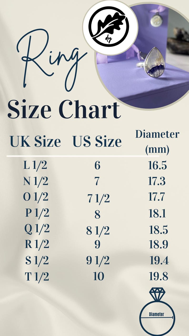 May include: A ring size chart featuring a teardrop-shaped ring with a purple and white stone. The chart lists UK sizes from L 1/2 to T 1/2, US sizes from 6 to 10, and corresponding diameters in millimetres ranging from 16.5 mm to 19.8 mm.