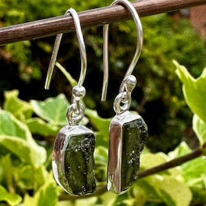 Natural Moldavite Dangle Earrings, Sterling Silver Hexagon Cut 14mm x 7mm, Handmade UK