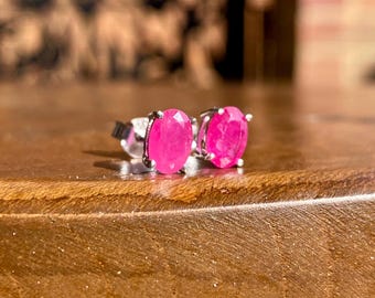 Genuine Ruby 925 Sterling Silver Oval Stud Earrings