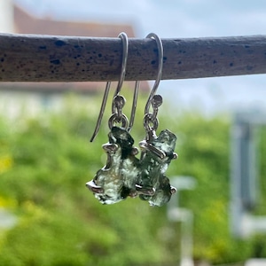 Natural Hexagon Cut Moldavite Sterling Silver Dangle Earrings
