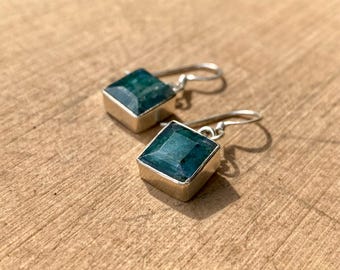 Raw Emerald Dangle Earrings, Princess Cut, Square 9mm x 9mm, Sterling Silver, Handmade UK