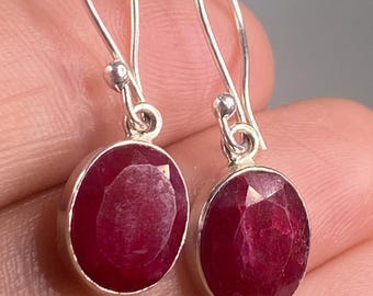 Raw Ruby and Silver Dangle Earrings