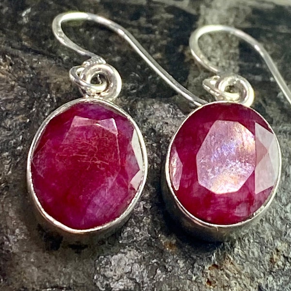Raw Ruby and Silver Dangle Earrings (M)