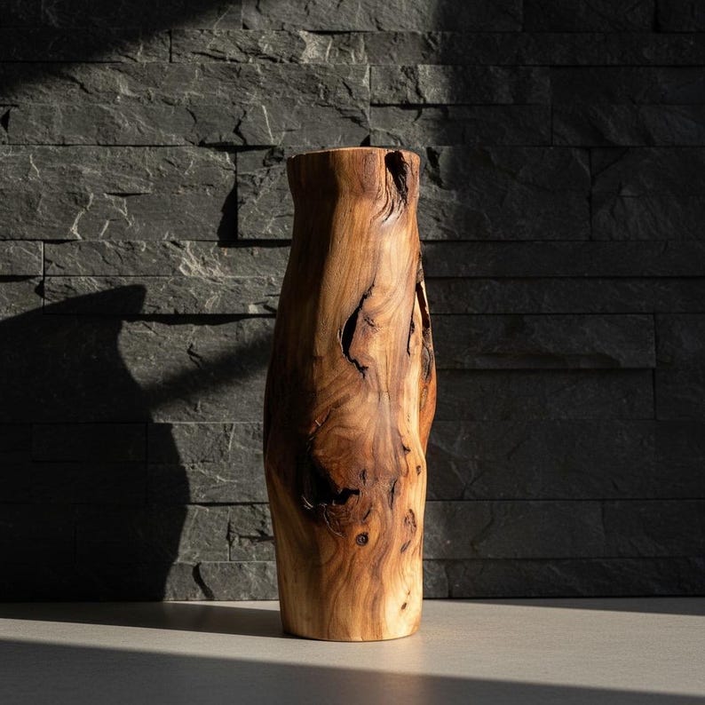May include: A tall, handcrafted wooden vase with a natural, organic shape. The vase is made from a light brown wood with dark brown knots and grain patterns. The vase has a smooth, polished finish and stands on a flat base. The background is a dark gray stone wall.