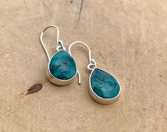 Raw Emerald Dangle Earrings, Teardrop 14mm x 10mm, Sterling Silver, Handmade UK