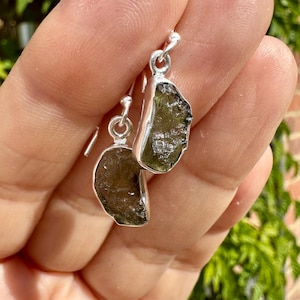 Natural Moldavite Dangle Earrings, Sterling Silver Hexagon Cut 13mm x 8mm, Handmade UK gift