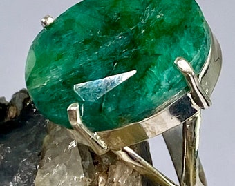 Raw Emerald Sterling Silver Oval Ring