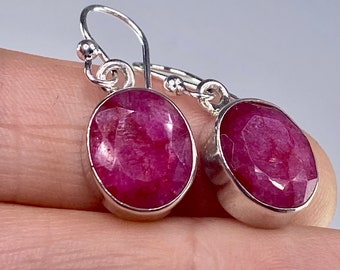 Raw Ruby and Silver Dangle Earrings (M)
