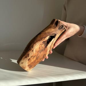 May include: A handcrafted wooden vase with a natural, organic shape. The vase is made from a single piece of wood, showcasing the wood's grain and texture. The vase has a dark brown color with lighter brown and tan accents.
