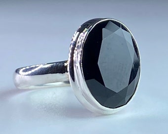 Black Polished Oval Tourmaline 925 Sterling Silver Ring