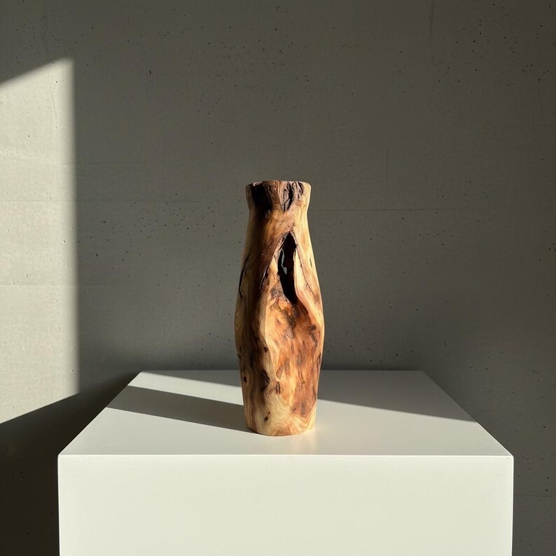 May include: A handcrafted wooden vase with a natural, organic shape. The vase is made from light and dark brown wood, with a textured surface and a unique opening. It stands on a white surface.