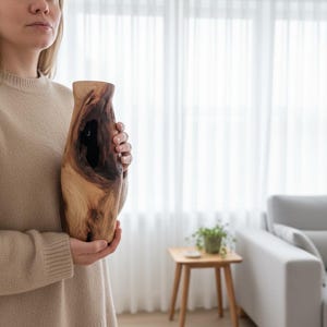 May include: A handcrafted wooden vase with a natural, organic shape. The vase is held by a person and features a dark, hollowed-out section in the center, showcasing the wood's unique grain and color variations. The vase is approximately 12 inches tall.