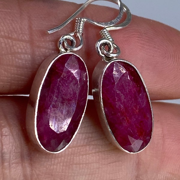 Raw Faceted Ruby and Silver Dangle Earrings