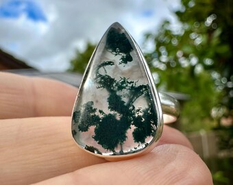 Moss Agate Sterling Silver Ring: Handmade Green Gemstone