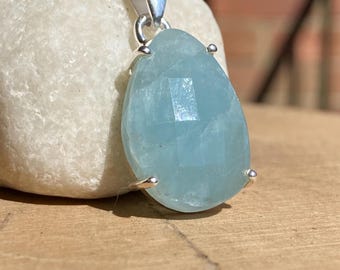 Teardrop Aquamarine Pendant: Faceted Sterling Silver, Calming Sea Blue