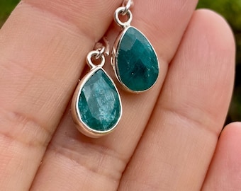 Raw Emerald Dangle Earrings, Teardrop 12mm x 8mm, Sterling Silver, Handmade UK