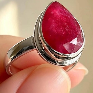 Raw Ruby Ring, Oval Raspberry Red Gemstone, Sterling Silver Ring, July Birthstone, UK N 1/2 US 7