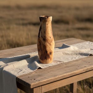 May include: A tall, handcrafted wooden vase with a natural, organic shape. The vase is made from light and dark brown wood, showcasing the grain and texture. It stands on a wooden table with a neutral-colored linen runner.