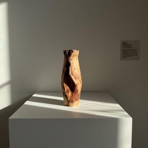 May include: A tall, handcrafted wooden vase with a natural, organic shape. The vase is made from light and dark brown wood, with a textured surface and a flared top. It stands on a white pedestal, illuminated by sunlight.