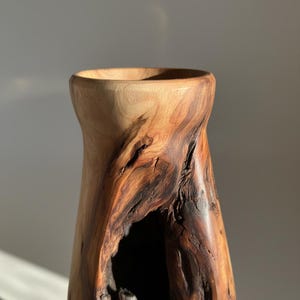 May include: A handcrafted wooden vase with a natural, organic design. The vase features a wide, open top and a textured, dark brown and light brown surface with a unique hollowed-out section, showcasing the wood's grain.