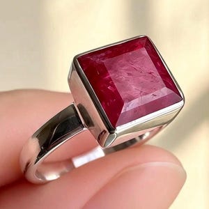 Raw Ruby Ring, Square Faceted Ruby, 925 Sterling Silver Ring, Deep Red Gemstone, UK R US 8 3/4, July Birthstone