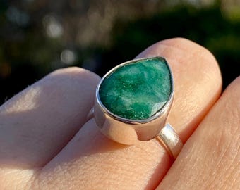 Teardrop Raw Emerald 925 Sterling Silver Ring