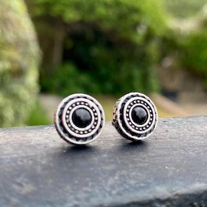 Black Tourmaline Stud Earrings, Round 10mm, Sterling Silver, Minimalist Gemstone Jewellery