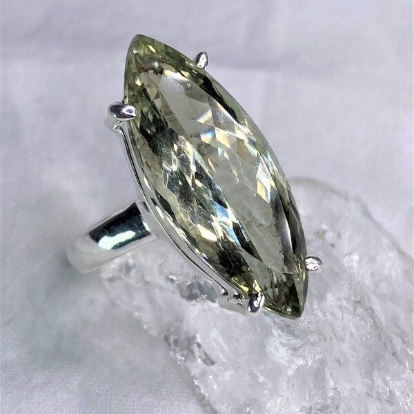 A Faceted Green Amethyst (Prasiolite ) and Silver Ring