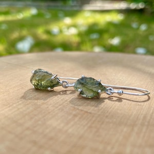 Hexagon cut Natural Raw Moldavite Sterling Silver Dangle Earrings