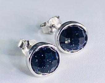 Faceted Navy Blue Goldstone and Silver Studs