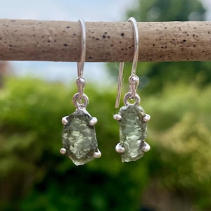 Natural Hexagon Cut Moldavite Sterling Silver Dangle Earrings