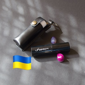 Black leather chapstick holder. Leather lip balm holder. Leather black lipstick case. Leather lip gloss keychain. Made in Ukraine