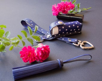Leather chapstick holder keychain, tassel keychain, wrist lanyard embossed stars. Luxurious birthday gift for a girl. With love from Ukraine