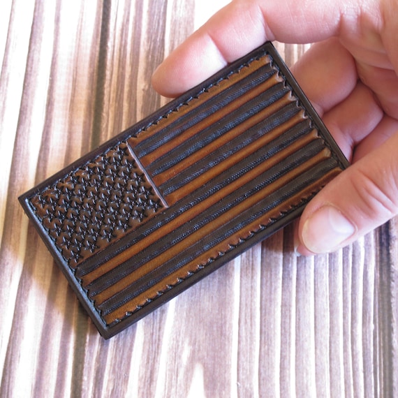 Brown American flag leather patch. USA flag Hand embossed leather velcro patch. Independence day gift