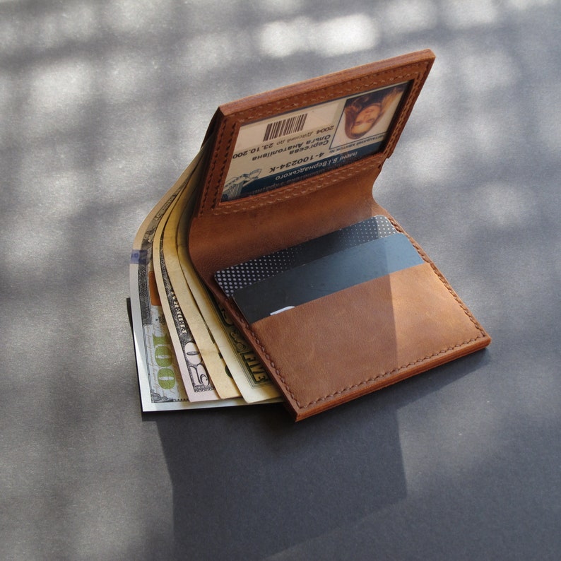 Brown bifold leather minimalist wallet with id window. Mens small card holder wallet. Made in Ukraine image 9