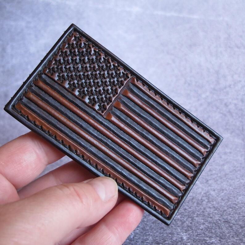 USA flag Hand embossed leather velcro patch. Independence day gift