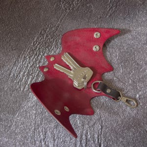 Leather whimsigoth bat key holder. Red-black leather key case bat. Halloween vampire bat key cover with coffin carabiner. Ready to ship