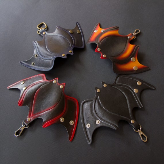 Leather Bat Keychain with Carabiner - Halloween Key Holder. Made to order