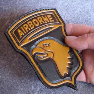 Leather Patch with 101st Airborne Emblem, Screaming Eagle Morale Patch, Custom Hand Tooled Military Hook Loop, Veteran Gift