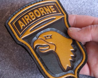 Leather Patch with 101st Airborne Emblem, Screaming Eagle Morale Patch, Custom Hand Tooled Military Hook Loop, Veteran Gift