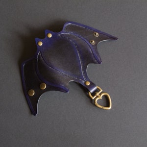 Leather Bat Keychain with Carabiner - Halloween Key Holder. Made to order Dark blue-black