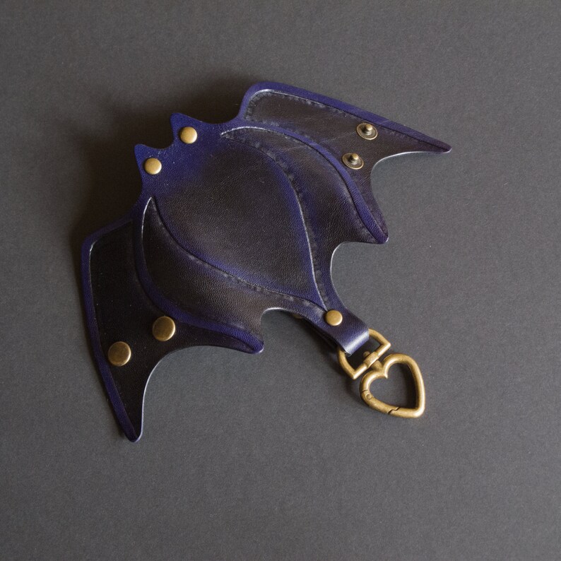 Leather Bat Keychain with Carabiner - Halloween Key Holder. Made to order Dark blue-black