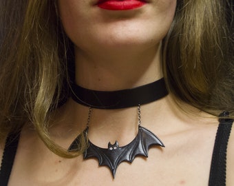 Bat Gothic Choker Necklace. Leather Whimsigoth Coquette Jewelry. Goth Choker Bat Necklace. Whimsical Punk Necklace. Halloween Jewelry