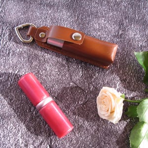 Brown leather chapstick holder keychain. Leather lipstick case with heart carabiner. Mom gift. Sister gift