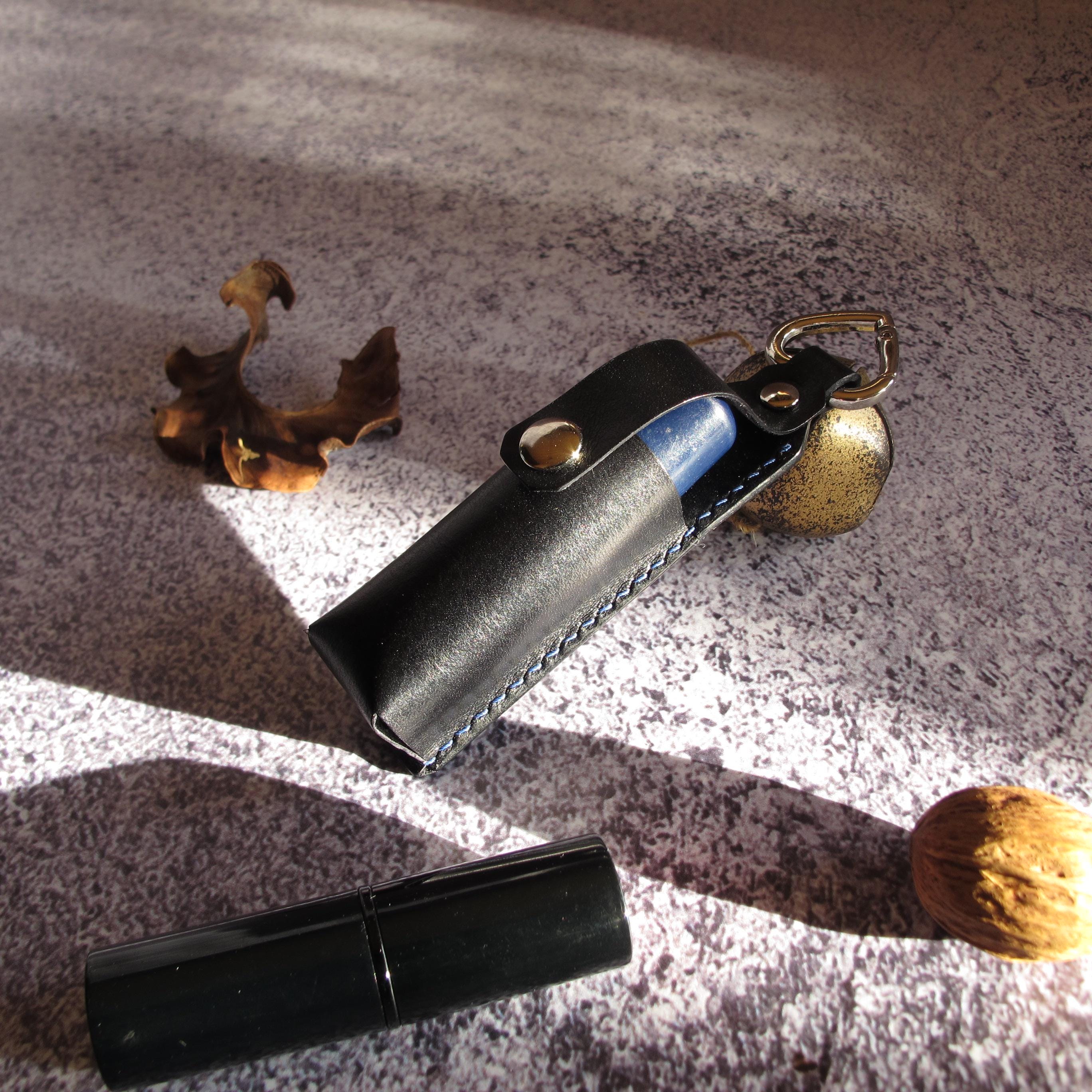 Leather Lipstick Holder Keychain, Black Lip Balm Case with Heart Carabiner, Small Makeup Pouch Gift. Made to order