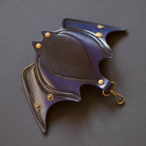 Leather Bat Keychain with Carabiner - Halloween Key Holder. Made to order Black-blue